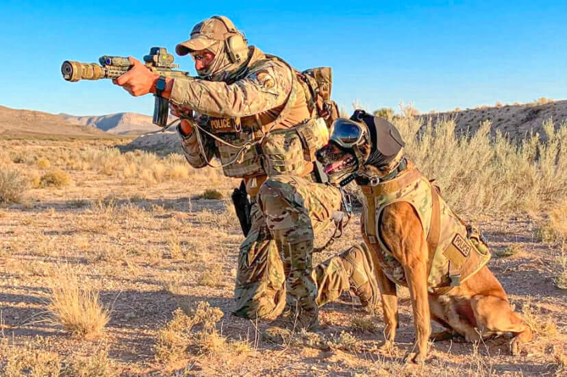 Military personnel and dog wearing Rex Specs goggles during desert training operation.