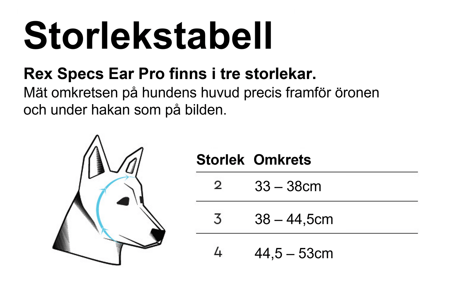 Storlekstabell för hörselskydd för hund, Ear Pro.